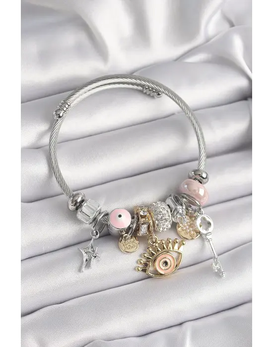 Gümüş Renk Zirkon Taşlı Nazar Boncuk Detay Göz Figür Charm Bileklik