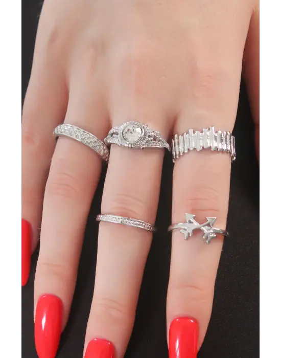 Gümüş Renk Zirkon Taşlı Ok Figür Bayan Yüzük Kombin