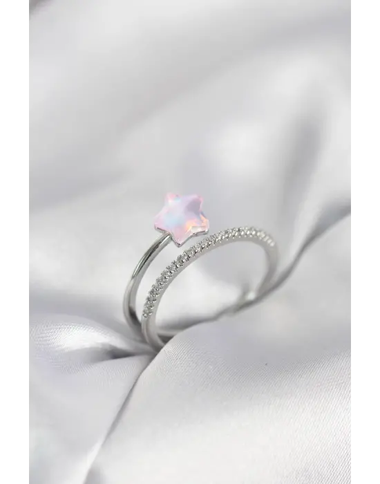 Gümüş Renk Zirkon Taşlı Pembe Halley Model Kadın Yüzük