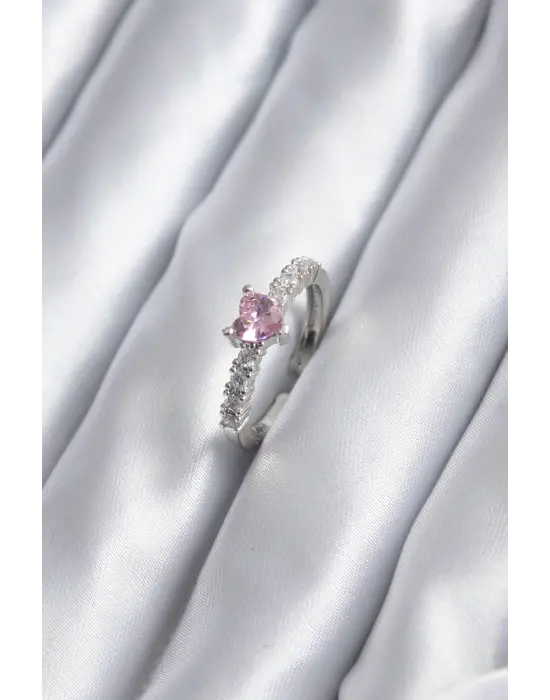 Gümüş Zirkon Taşlı Pembe Kristal Kalp Model Çelik Yüzük