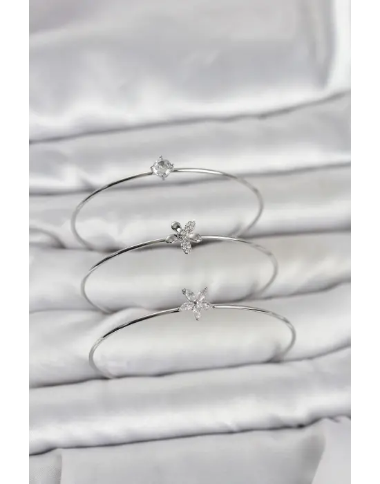 Gümüş Renk Zirkon Taşlı Pirinç 3lü Kadın Bileklik Kombini