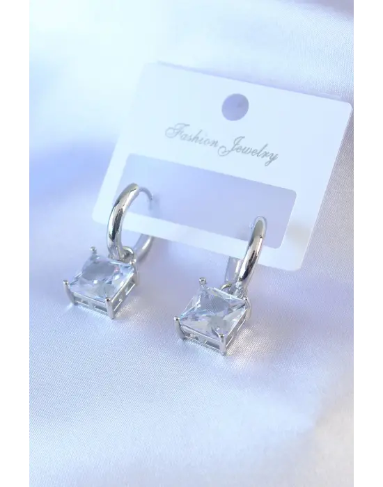 Gümüş Renk Zirkon Taşlı Pirinç Kadın Küpe