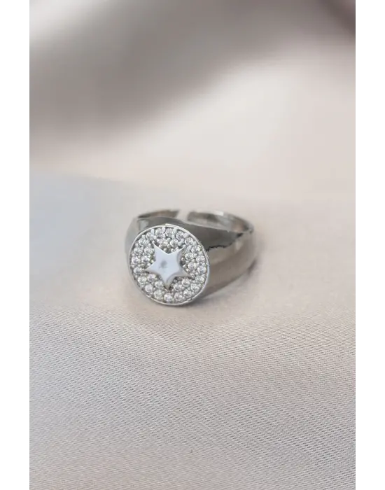 Gümüş Renk Zirkon Taşlı Plaka Yıldız Yüzük