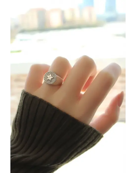 Gümüş Renk Zirkon Taşlı Plaka Yıldız Yüzük