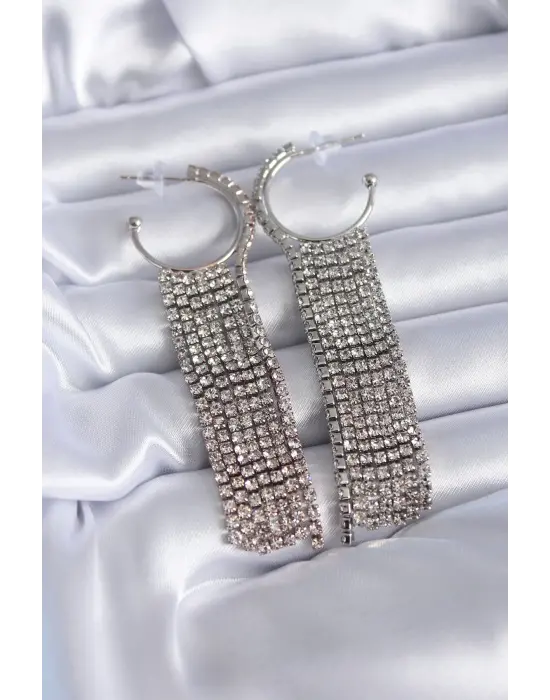 Gümüş Zirkon Taşlı Püsküllü Model  Çelik Küpe