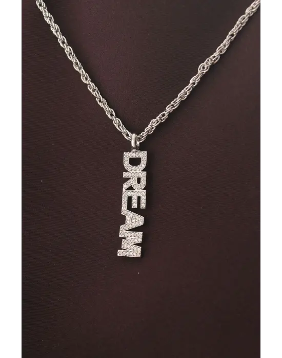 Gümüş Renk Zirkon Taşlı Rüya Yazılı Kolye