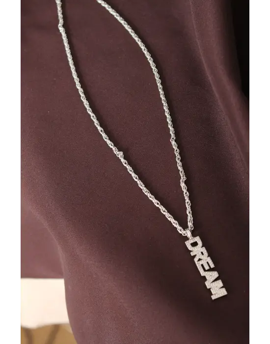 Gümüş Renk Zirkon Taşlı Rüya Yazılı Kolye