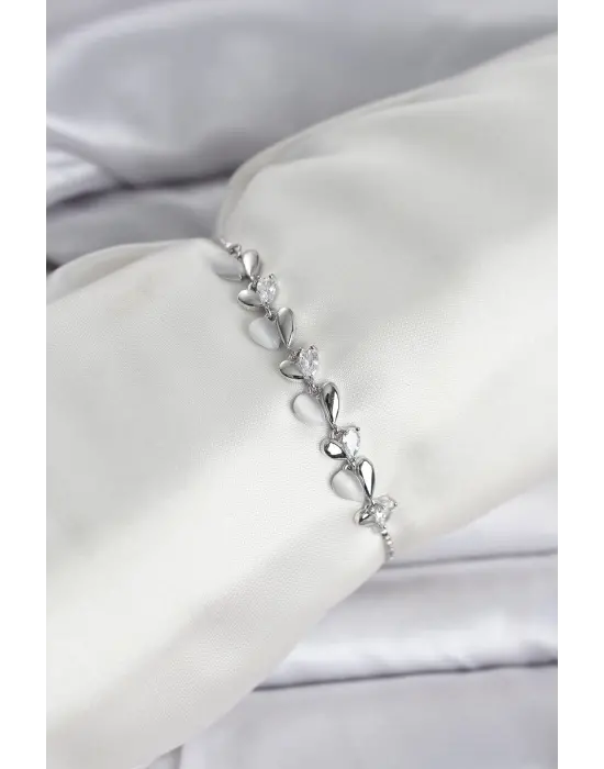 Gümüş Renk Zirkon Taşlı Sıralı Damla Model Asansörlü Kadın Bileklik