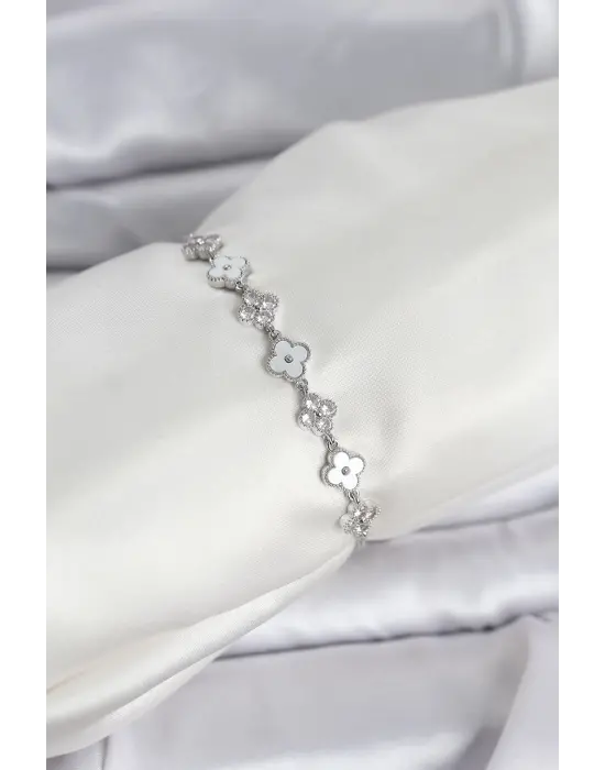 Gümüş Renk Zirkon Taşlı Sıralı Yonca Model Asansörlü Kadın Bileklik