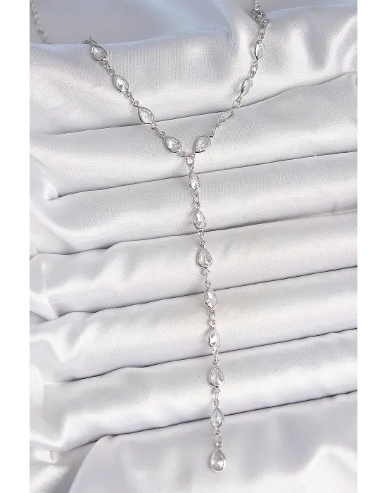 Gümüş Renk Zirkon Taşlı Y Pirinç Kolye