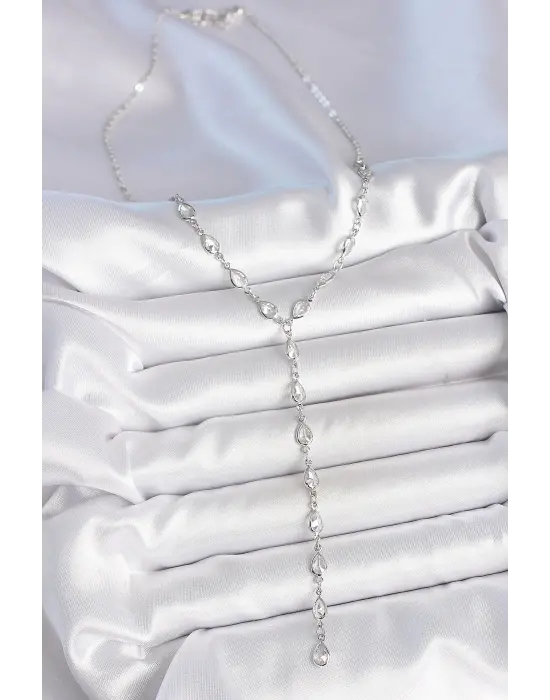 Gümüş Renk Zirkon Taşlı Y Pirinç Kolye