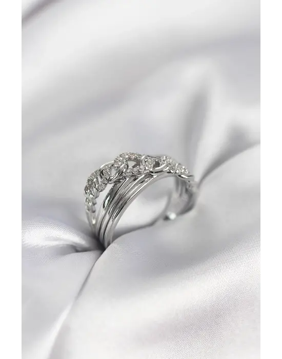 Gümüş Renk Zirkon Taşlı Zincir Model Kadın Yüzük