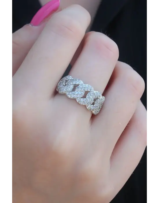 Gümüş Renk Zirkon Taşlı Zincir Model Kadın Yüzük