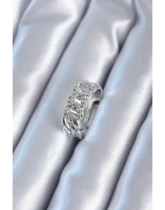 Gümüş Zirkon Taşlı Zincir Model Çelik Yüzük