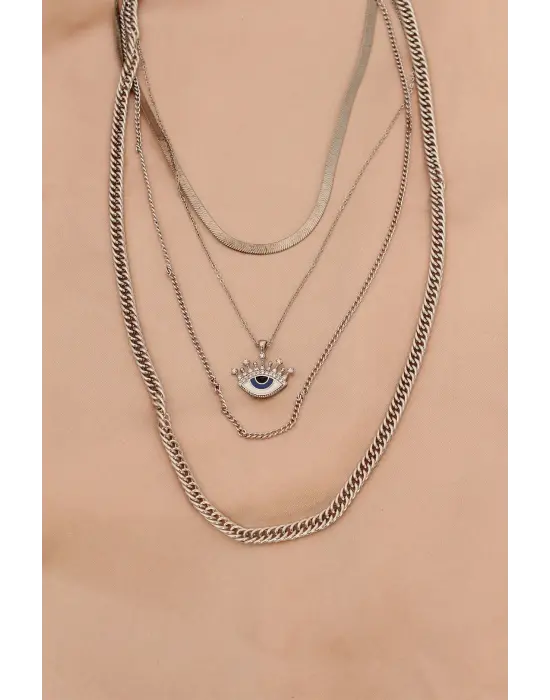 Gümüş Renkli Metal İtalyan Zincirli Göz Detaylı Çoklu Kadın Kolye