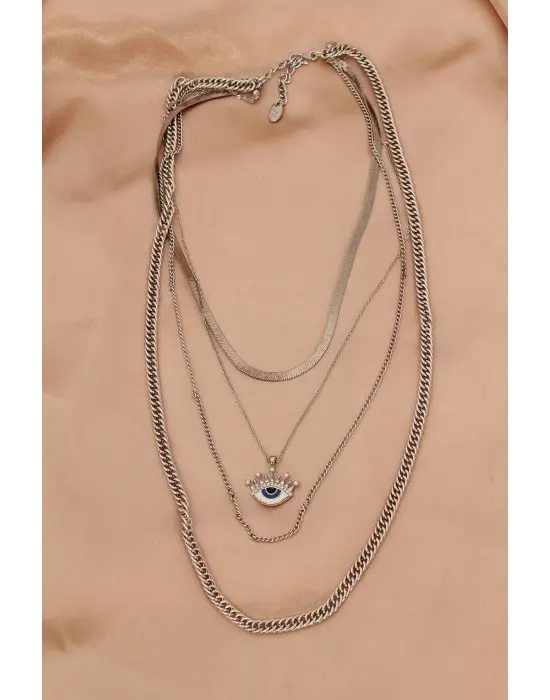 Gümüş Renkli Metal İtalyan Zincirli Göz Detaylı Çoklu Kadın Kolye