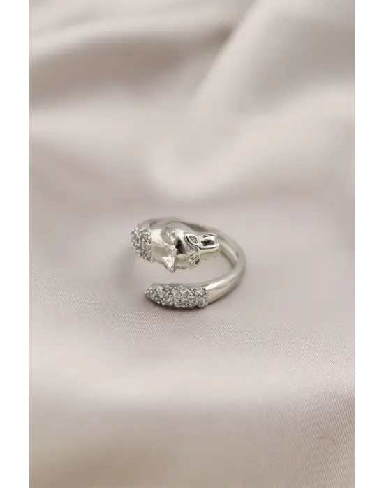 Gümüş Renkli Metal Kaplan Model Zirkon Taşlı Kadın Yüzük