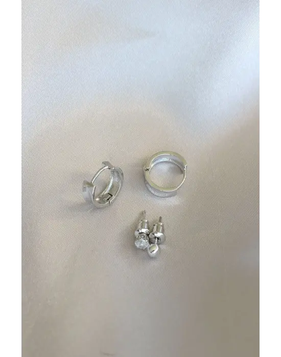 Gümüş Renkli Minimal Flart Earth Küpe Seti