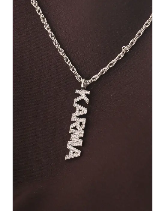 Gümüş Renkli Zirkon Taşlı Karma Yazılı Kolye