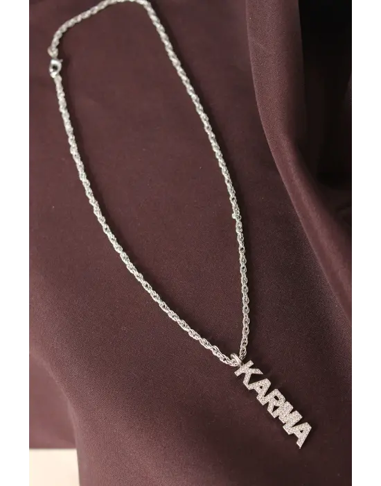 Gümüş Renkli Zirkon Taşlı Karma Yazılı Kolye