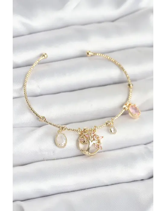 Hayat Ağacı Charmlı Gold Renk Pirinç Kadın Bileklik
