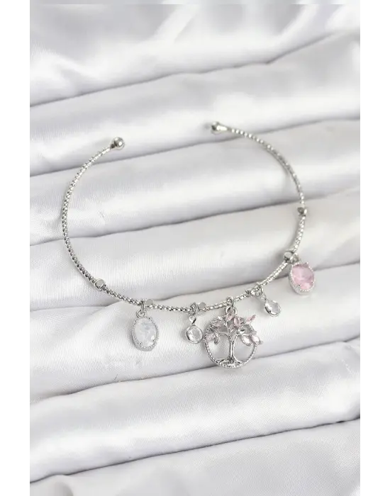 Hayat Ağacı Charmlı Gümüş Renk Pirinç Kadın Bileklik