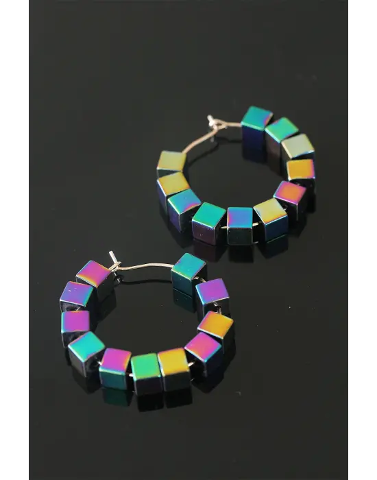 Hematit Kare Tasarım Taşlı Kadın Halka Küpe