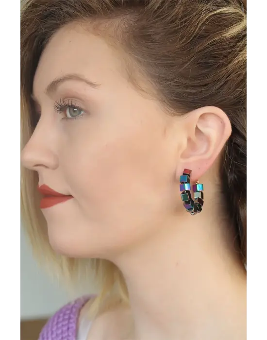 Hematit Kare Tasarım Taşlı Kadın Halka Küpe