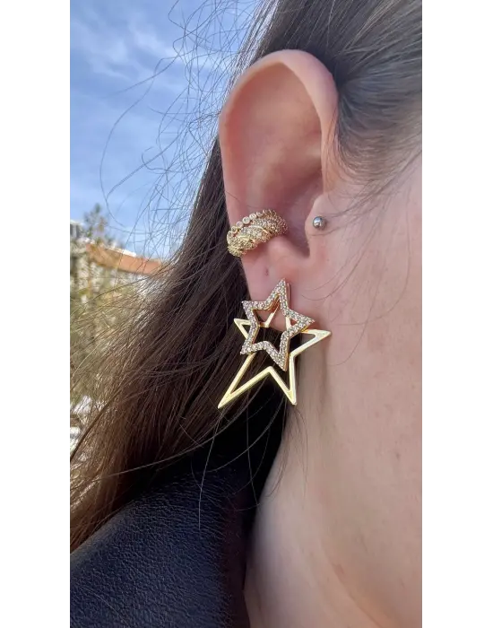 İç İçe Geçmiş Yıldızlardan Oluşan Taşlı Çelik Kadın Küpe