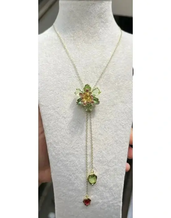 illidya Swarovski Yeşil Taşlı Çift Sallantılı Ayarlanabilir Kolye