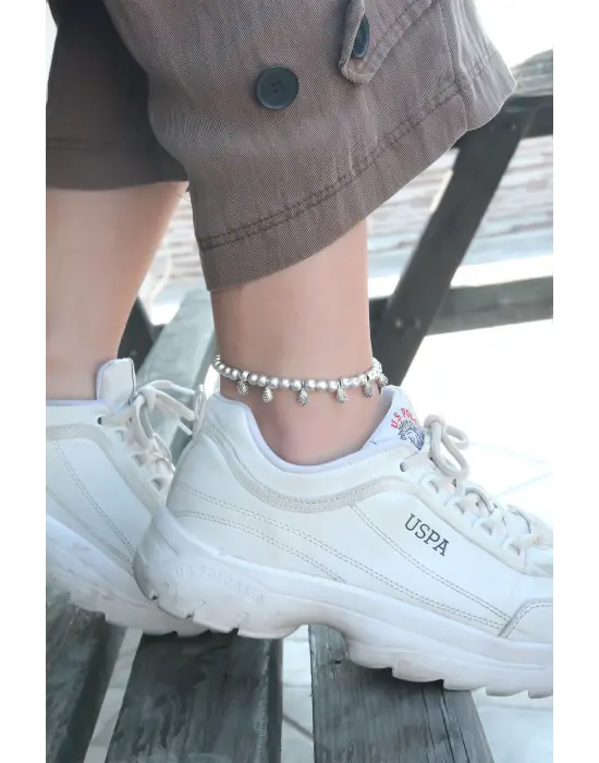 İnci Boncuklu Antik Gümüş Renk Halhal