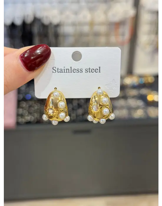 İnci Detaylı Çelik Damla Küpe