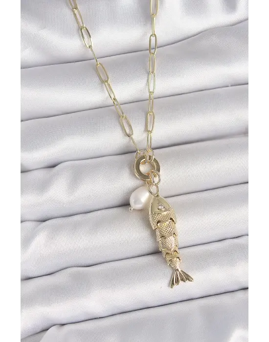 İnci Detaylı Zirkon Taşlı Balık Figürlü Gold Renk Pirinç Kolye
