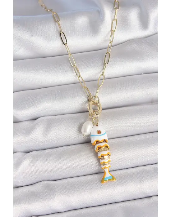 İnci Detaylı Zirkon Taşlı Beyaz Balık Figürlü Gold Renk Pirinç Kolye