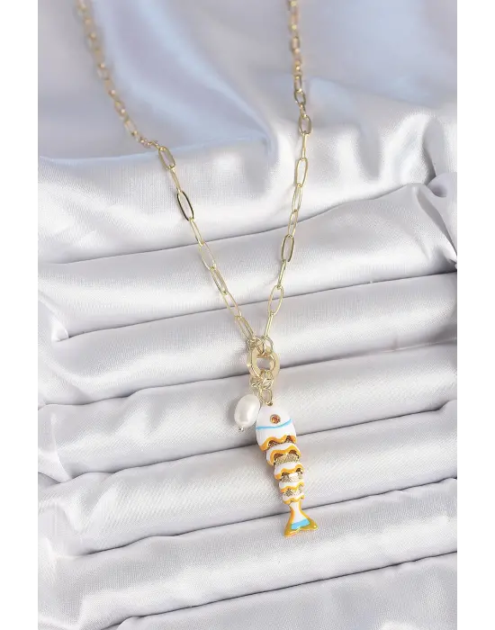 İnci Detaylı Zirkon Taşlı Beyaz Balık Figürlü Gold Renk Pirinç Kolye