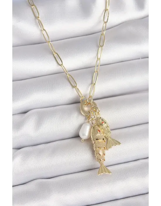 İnci Detaylı Zirkon Taşlı Çiftli Balık Figürlü Gold Renk Pirinç Kolye