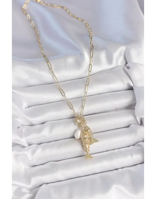 İnci Detaylı Zirkon Taşlı Çiftli Balık Figürlü Gold Renk Pirinç Kolye