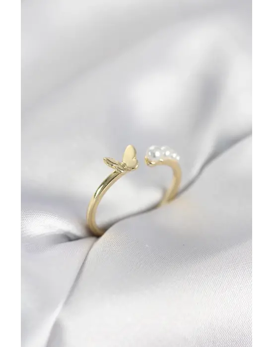 İncili Kelebek Model Gold Renk Pirinç Kadın Yüzük