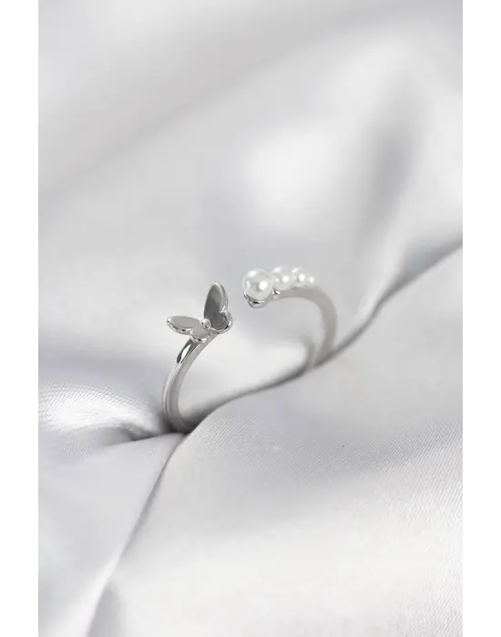 İncili Kelebek Model Gümüş Renk Pirinç Kadın Yüzük