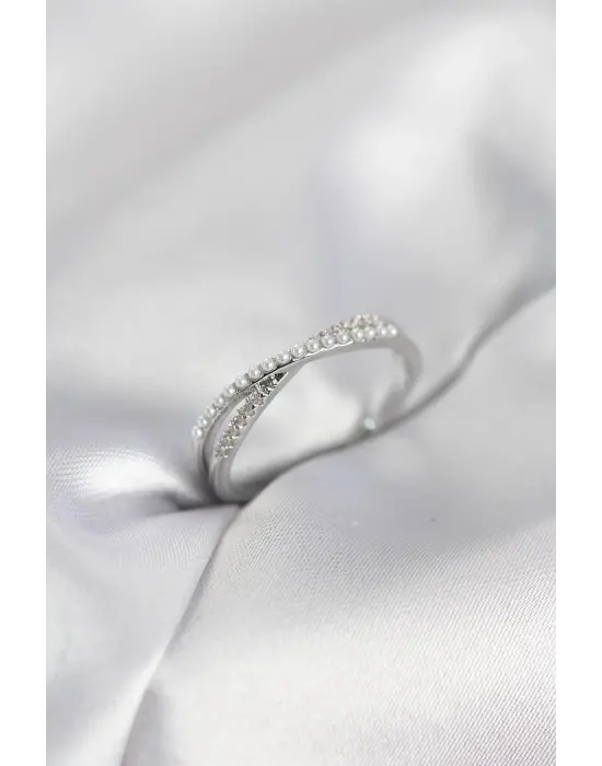 İncili ve Zirkon Taşlı Gümüş Renk Kadın Yüzük