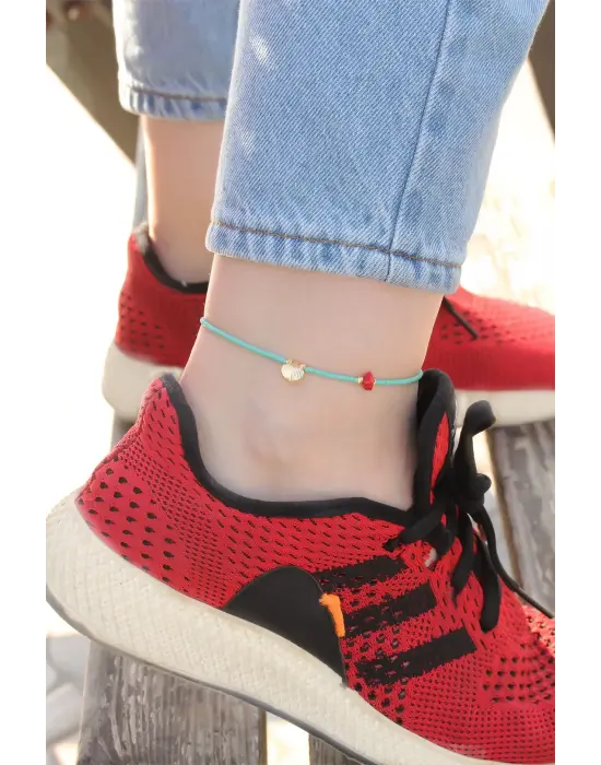 İstiridye Kabuğu Tasarımlı Mavi Boncuk Detaylı Halhal