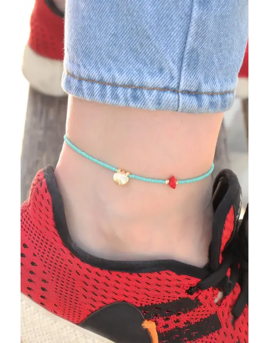 İstiridye Kabuğu Tasarımlı Mavi Boncuk Detaylı Halhal