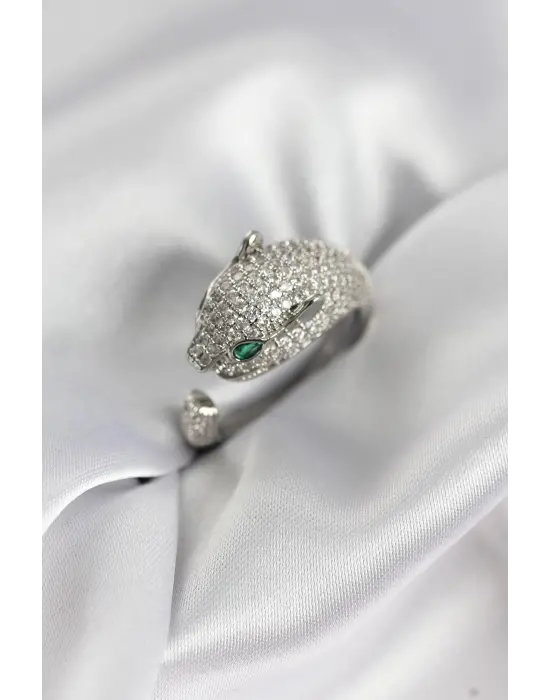 Jaguar Model Gümüş Renk Zirkon Taşlı Kadın Yüzük