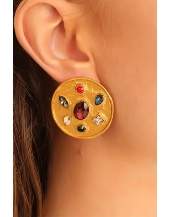 Kabartmalı Metal Sarı Renk Renkli Taşlı Bayan Küpe