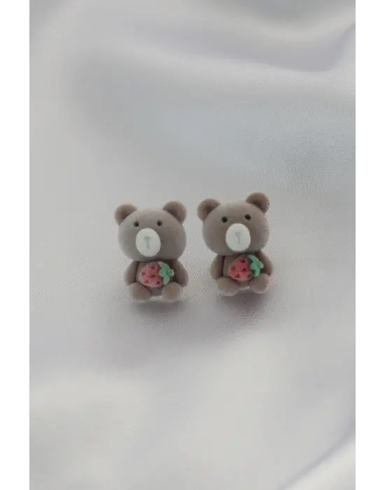 Kahverengi Ayıcık Teddy Figür Çilek Detay Kadın Küpe