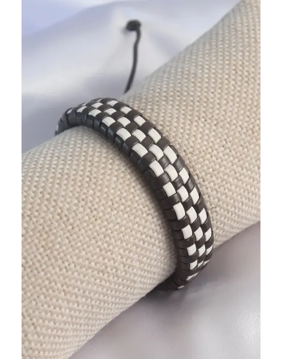 Kahverengi Beyaz Dama Model İpli Erkek Bileklik