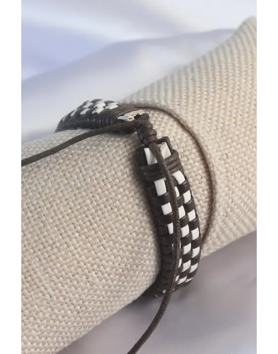 Kahverengi Beyaz Dama Model İpli Erkek Bileklik