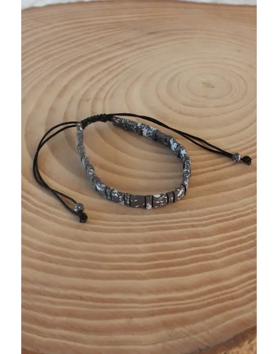 Kahverengi Beyaz Makrome Doğal Taş Erkek Bileklik