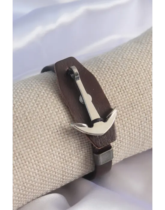Kahverengi Deri Model Gümüş Renk Çapa Figür Erkek Bileklik