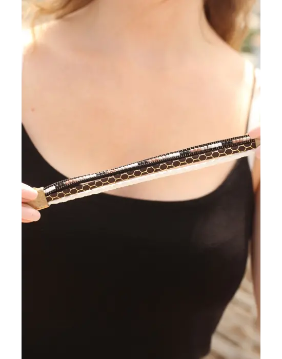 Kahverengi Desenli Tasarımlı Taşlı Beyaz Örgü Model Kadın Deri Bileklik